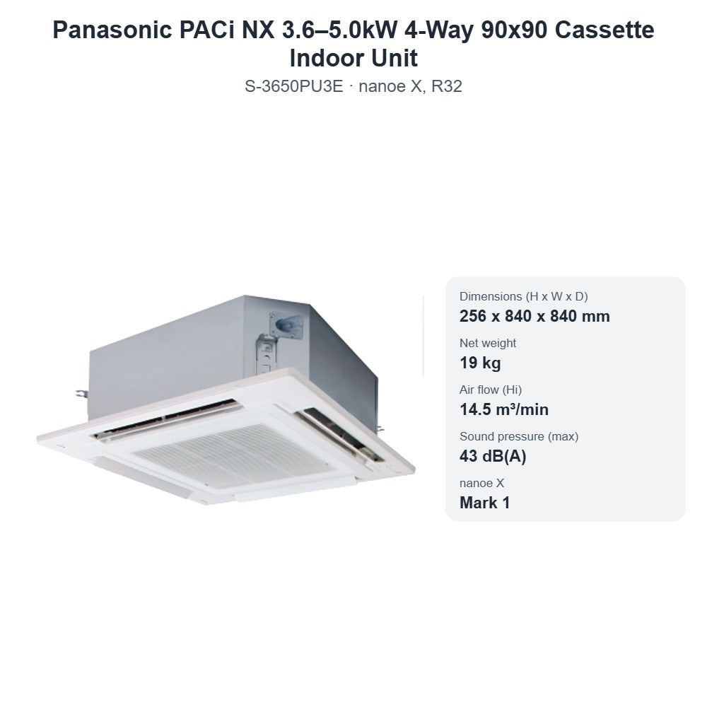 Panasonic S-3650PU3E PACi NX 3.6–5.0kW 4-Way 90x90 Cassette Indoor Unit – nanoe X, R32