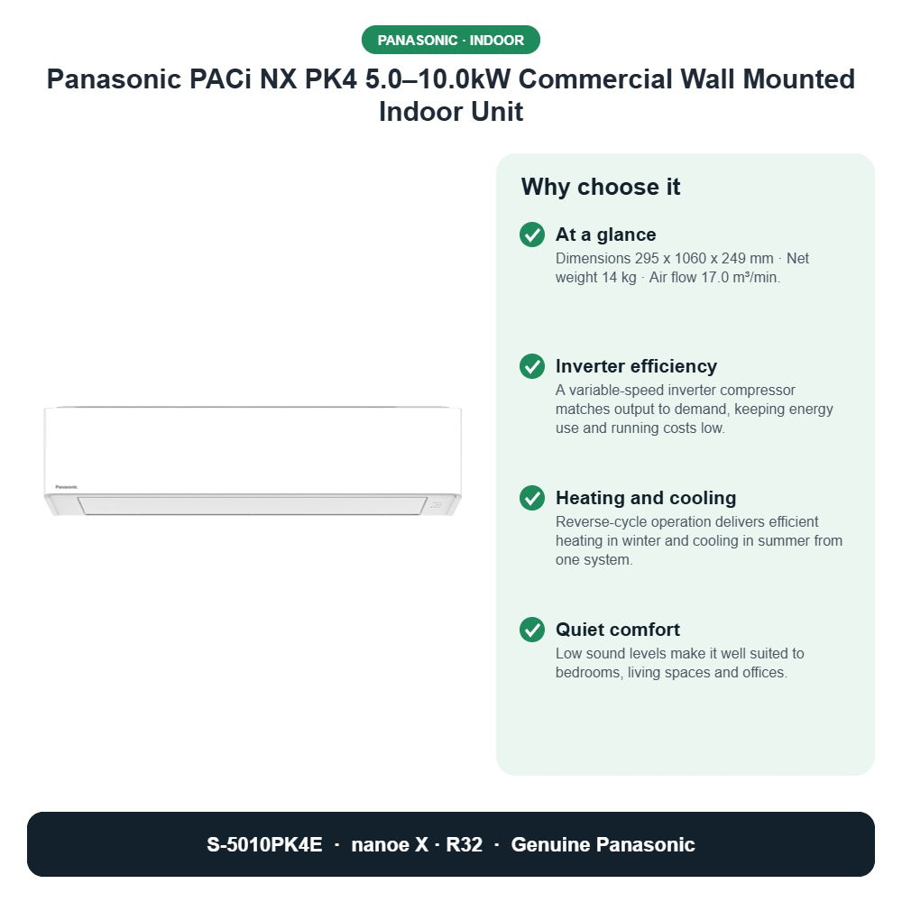 Panasonic PACi NX PK4 5.0–10.0kW Commercial Wall Mounted Indoor Unit – S-5010PK4E key benefits