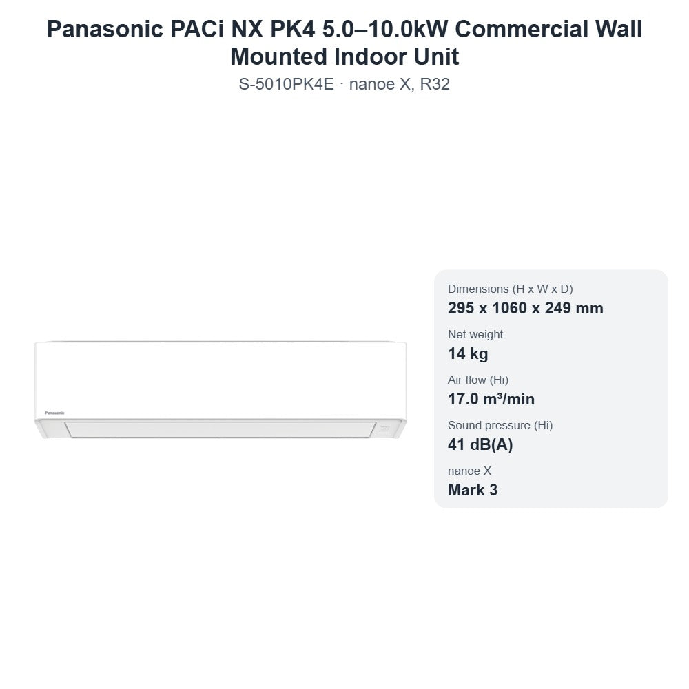 Panasonic S-5010PK4E PACi NX PK4 5.0–10.0kW Commercial Wall Mounted Indoor Unit – nanoe X, R32