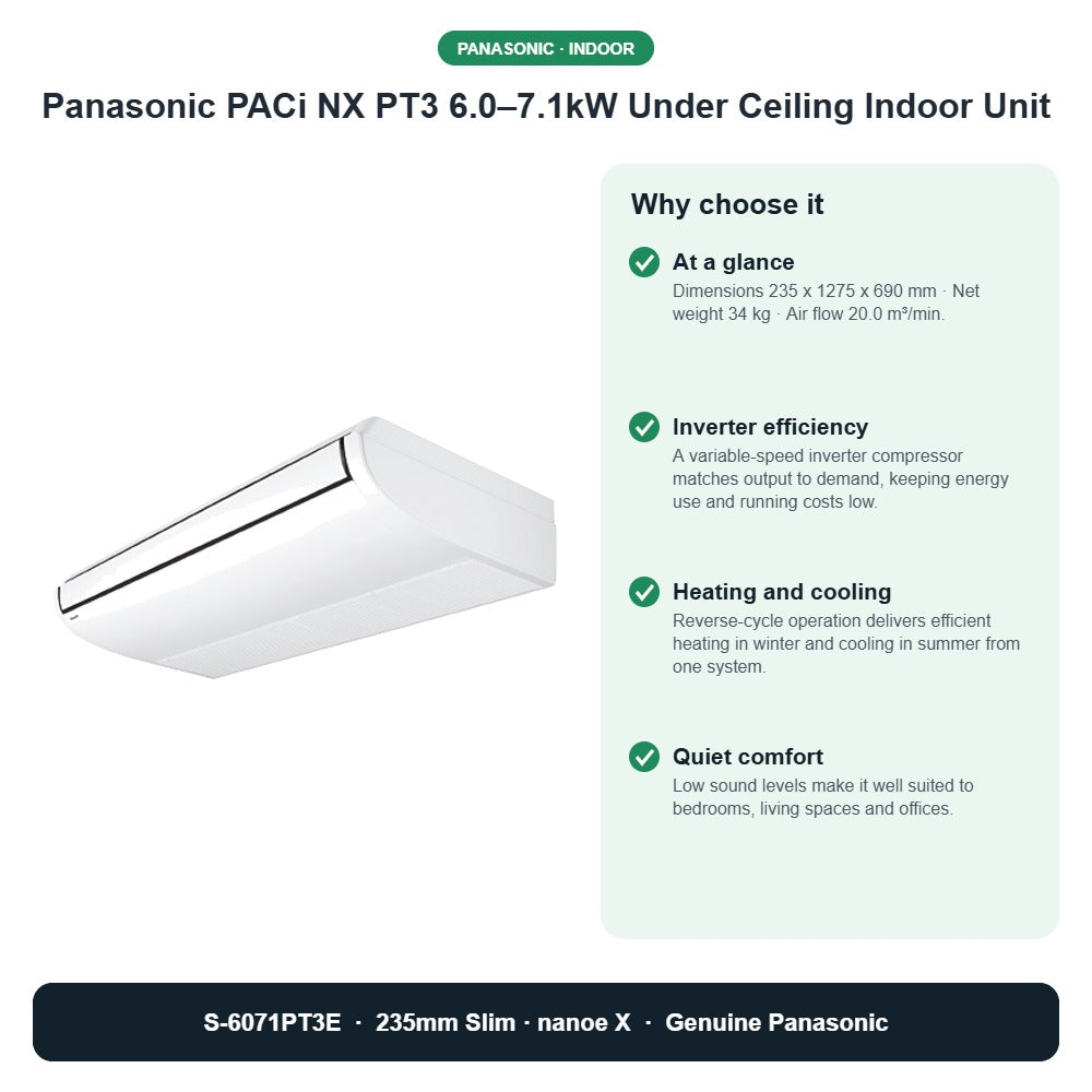 Panasonic PACi NX PT3 6.0–7.1kW Under Ceiling Indoor Unit – S-6071PT3E key benefits