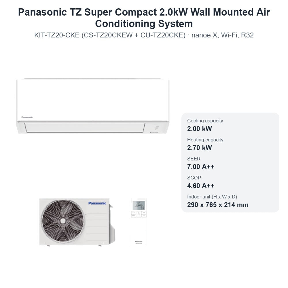 Panasonic TZ Super Compact 2.0kW Wall Mounted Air Conditioning System CS-TZ20CKEW + CU-TZ20CKE – nanoe X, Wi-Fi, R32