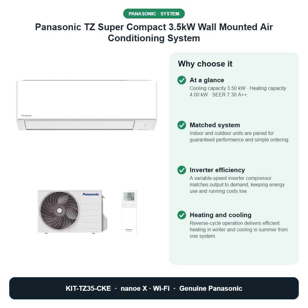 Panasonic TZ Super Compact 3.5kW Wall Mounted Air Conditioning System – KIT-TZ35-CKE key benefits