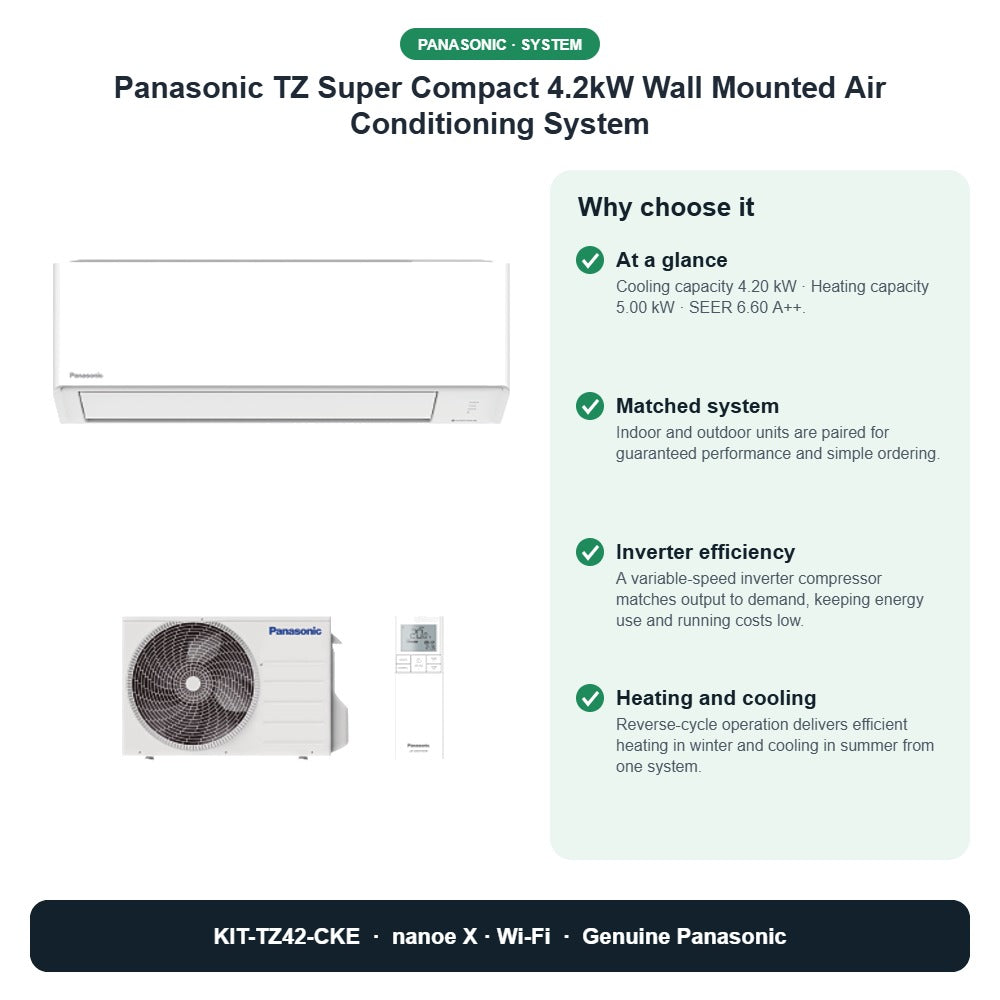 Panasonic TZ Super Compact 4.2kW Wall Mounted Air Conditioning System – KIT-TZ42-CKE key benefits