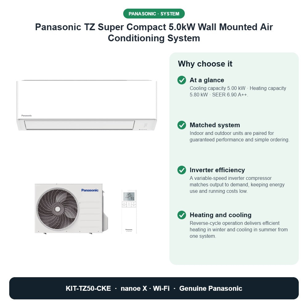Panasonic TZ Super Compact 5.0kW Wall Mounted Air Conditioning System – KIT-TZ50-CKE key benefits