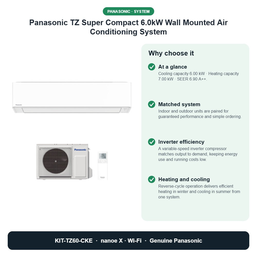 Panasonic TZ Super Compact 6.0kW Wall Mounted Air Conditioning System – KIT-TZ60-CKE key benefits