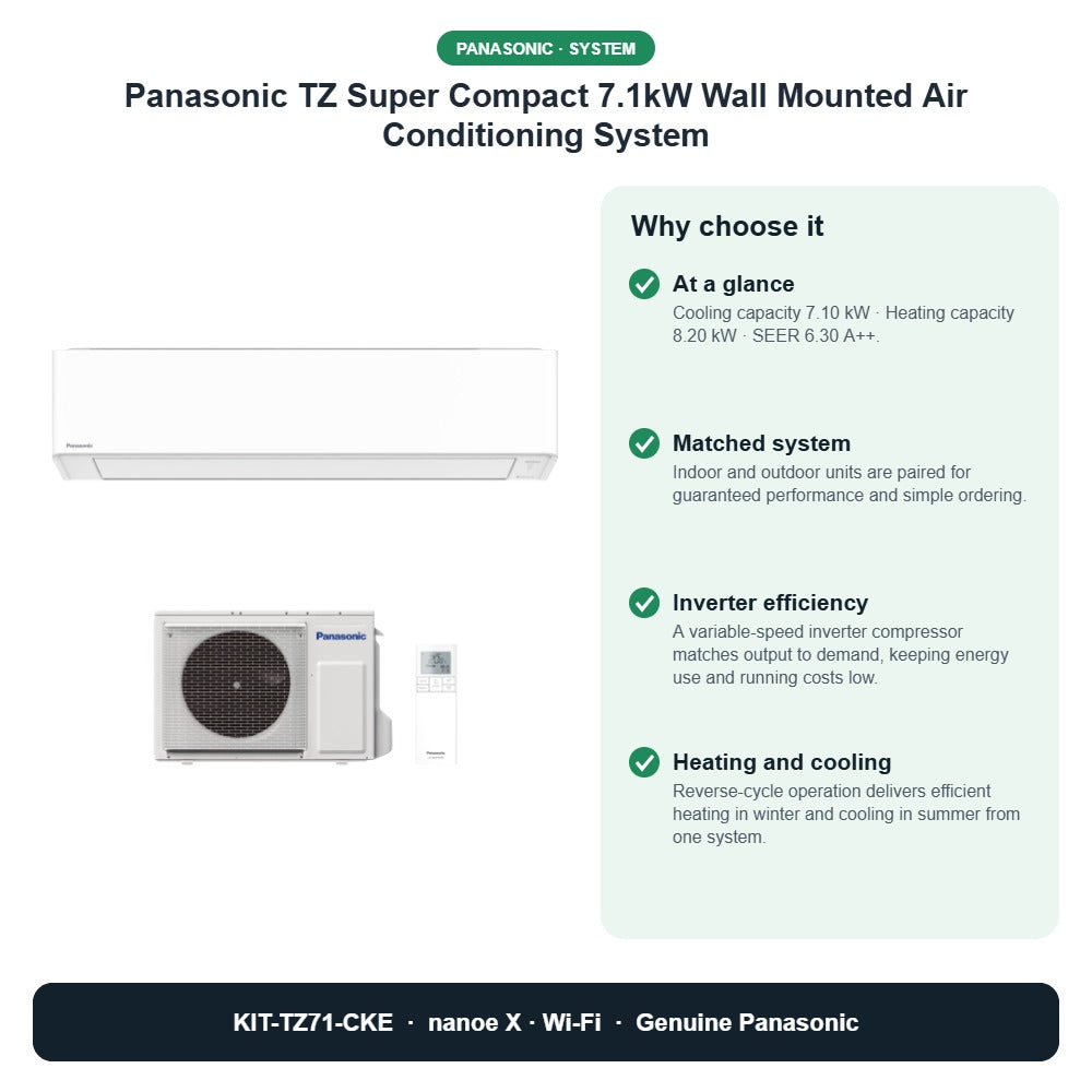 Panasonic TZ Super Compact 7.1kW Wall Mounted Air Conditioning System – KIT-TZ71-CKE key benefits