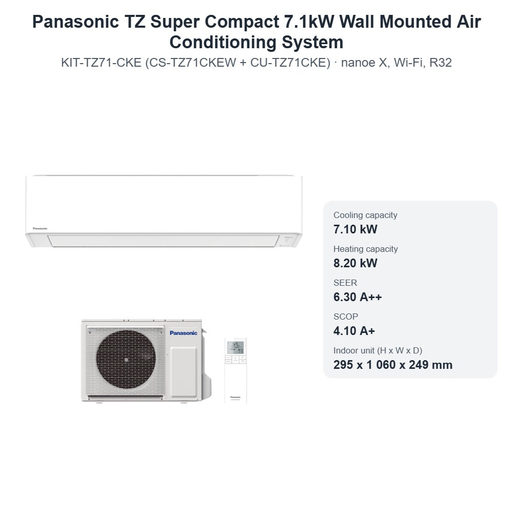 Panasonic TZ Super Compact 7.1kW Wall Mounted Air Conditioning System CS-TZ71CKEW + CU-TZ71CKE – nanoe X, Wi-Fi, R32