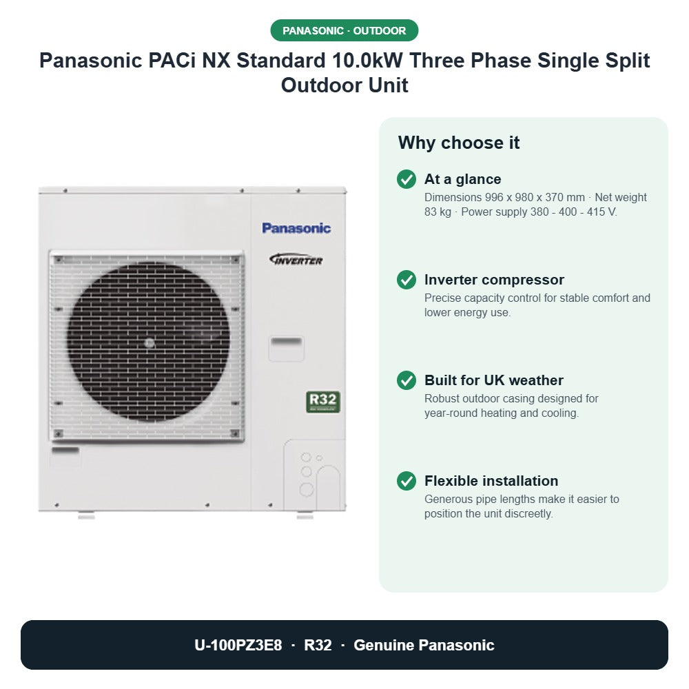 Panasonic PACi NX Standard 10.0kW Three Phase Single Split Outdoor Unit – U-100PZ3E8 key benefits