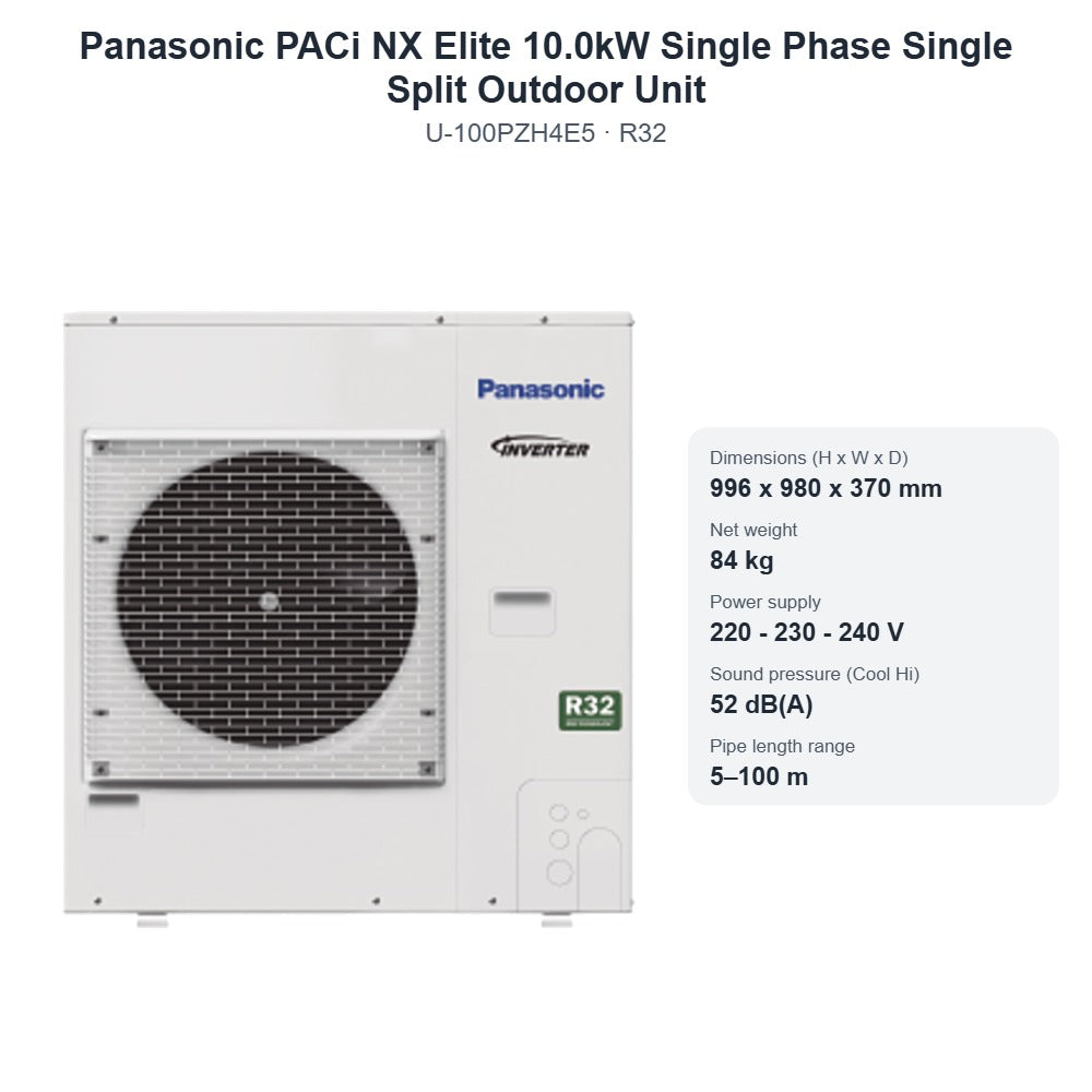 Panasonic U-100PZH4E5 PACi NX Elite 10.0kW Single Phase Single Split Outdoor Unit – R32