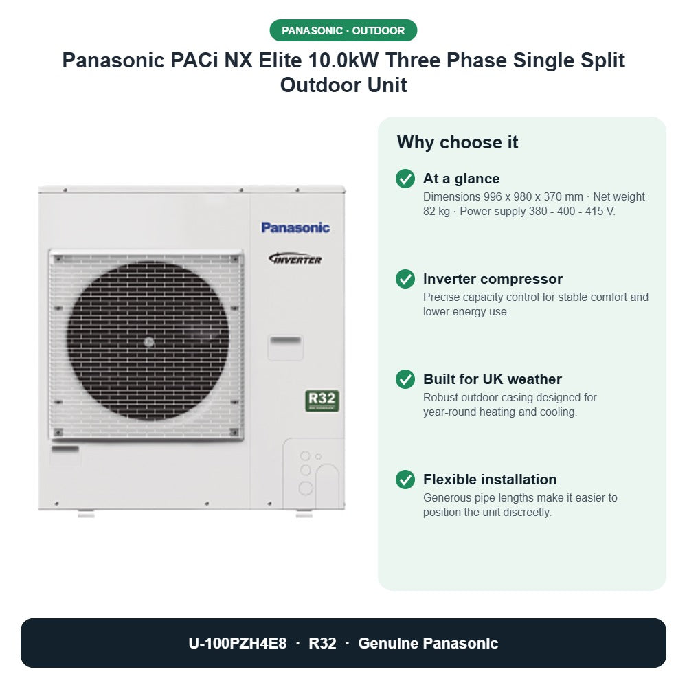 Panasonic PACi NX Elite 10.0kW Three Phase Single Split Outdoor Unit – U-100PZH4E8 key benefits