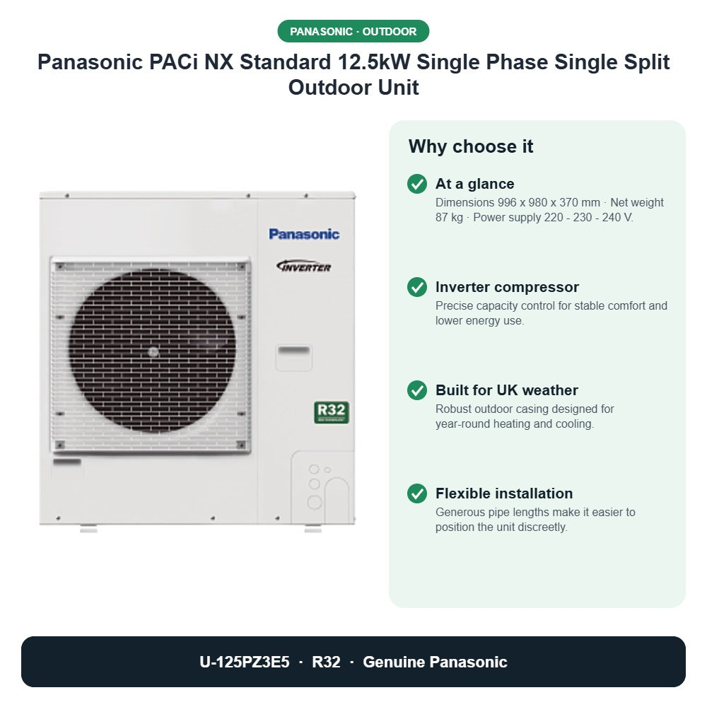 Panasonic PACi NX Standard 12.5kW Single Phase Single Split Outdoor Unit – U-125PZ3E5 key benefits