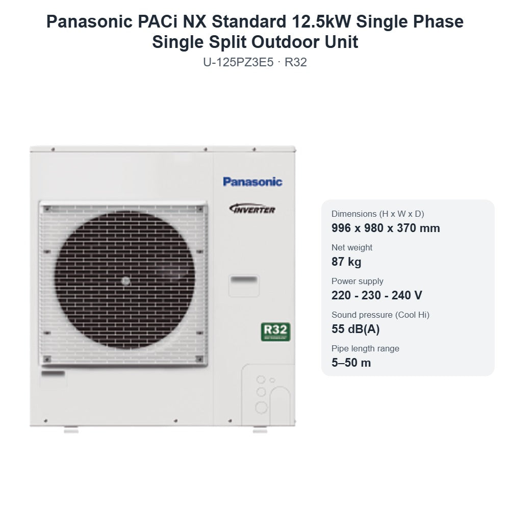 Panasonic U-125PZ3E5 PACi NX Standard 12.5kW Single Phase Single Split Outdoor Unit – R32