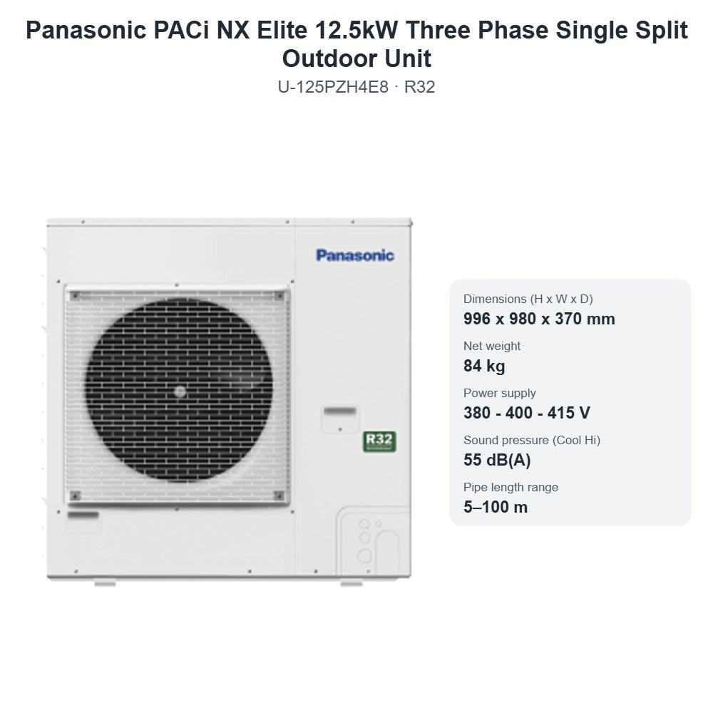 Panasonic U-125PZH4E8 PACi NX Elite 12.5kW Three Phase Single Split Outdoor Unit – R32