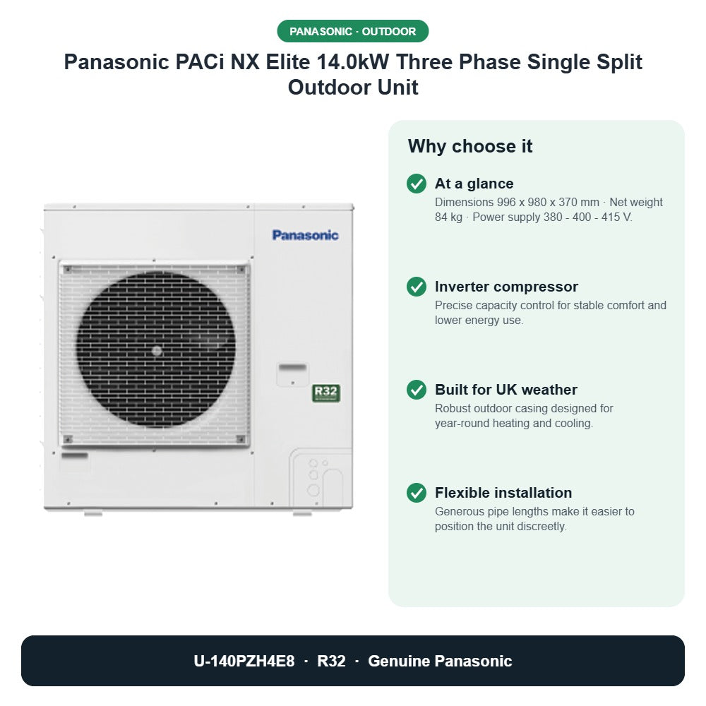Panasonic PACi NX Elite 14.0kW Three Phase Single Split Outdoor Unit – U-140PZH4E8 key benefits