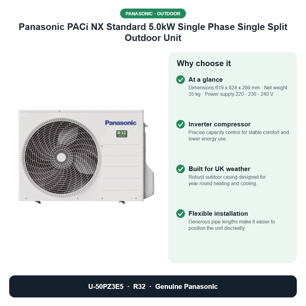 Panasonic PACi NX Standard 5.0kW Single Phase Single Split Outdoor Unit – U-50PZ3E5 key benefits