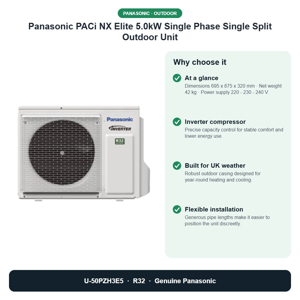 Panasonic PACi NX Elite 5.0kW Single Phase Single Split Outdoor Unit – U-50PZH3E5 key benefits