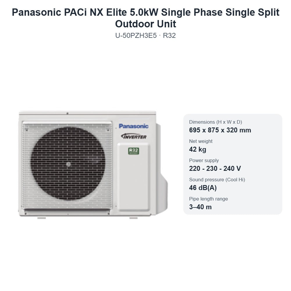 Panasonic U-50PZH3E5 PACi NX Elite 5.0kW Single Phase Single Split Outdoor Unit – R32