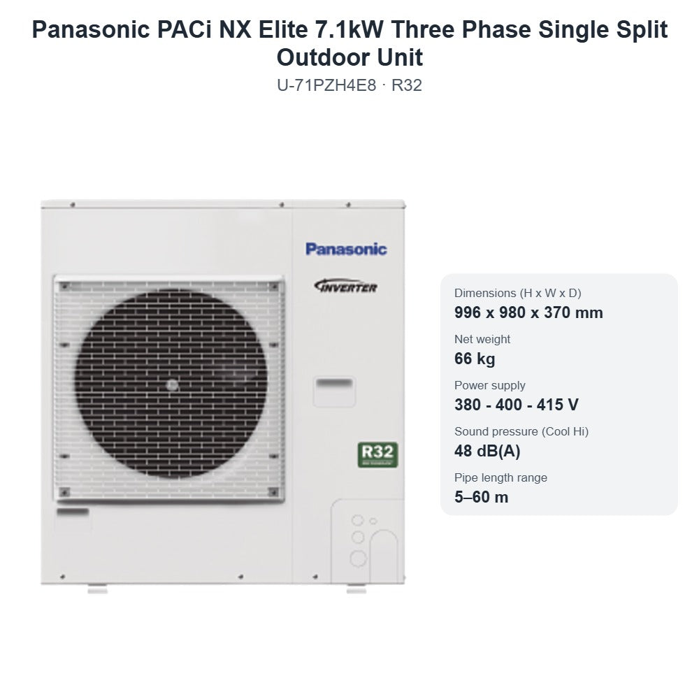 Panasonic U-71PZH4E8 PACi NX Elite 7.1kW Three Phase Single Split Outdoor Unit – R32