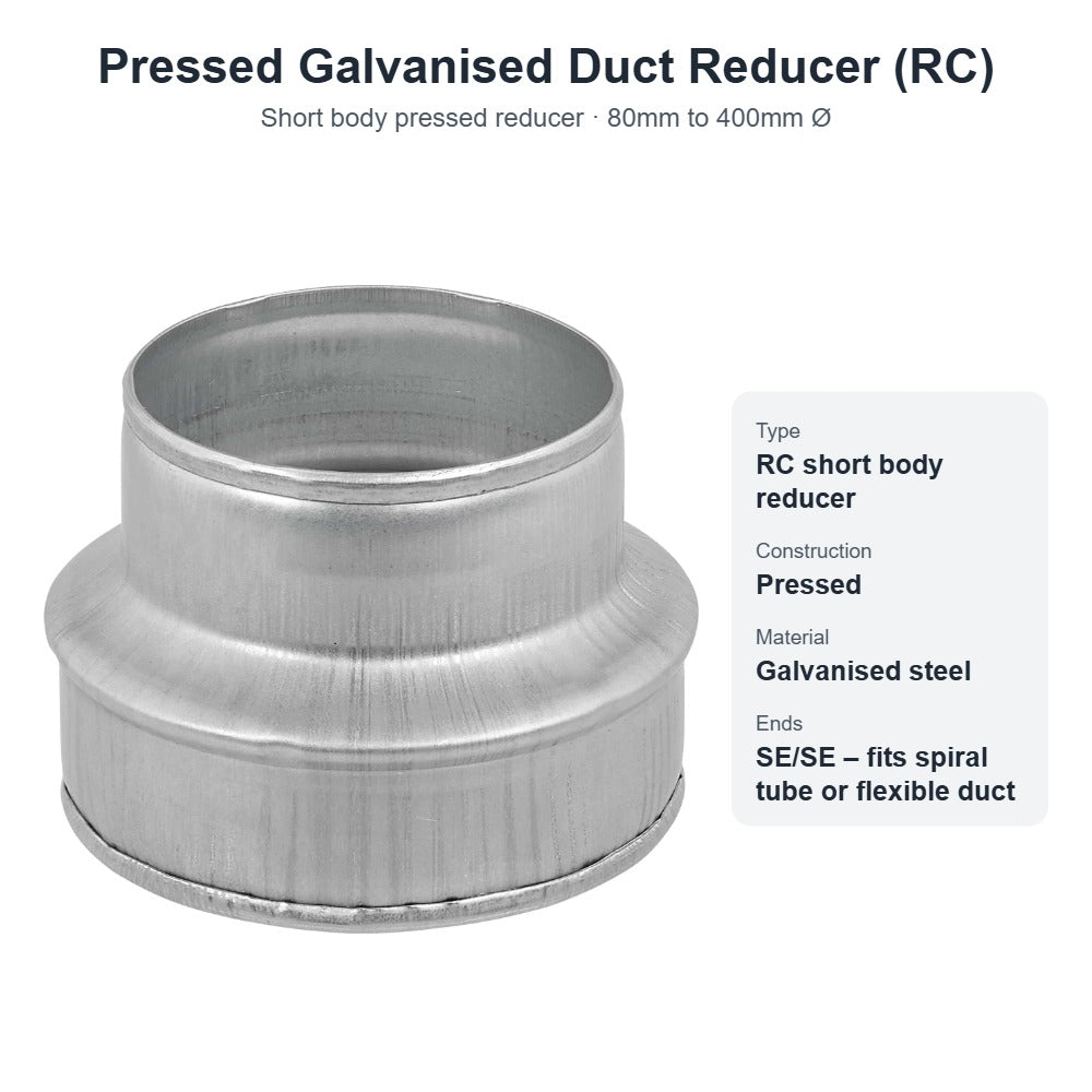 Pressed Galvanised Duct Reducer (RC) – 80mm to 400mm Diameter