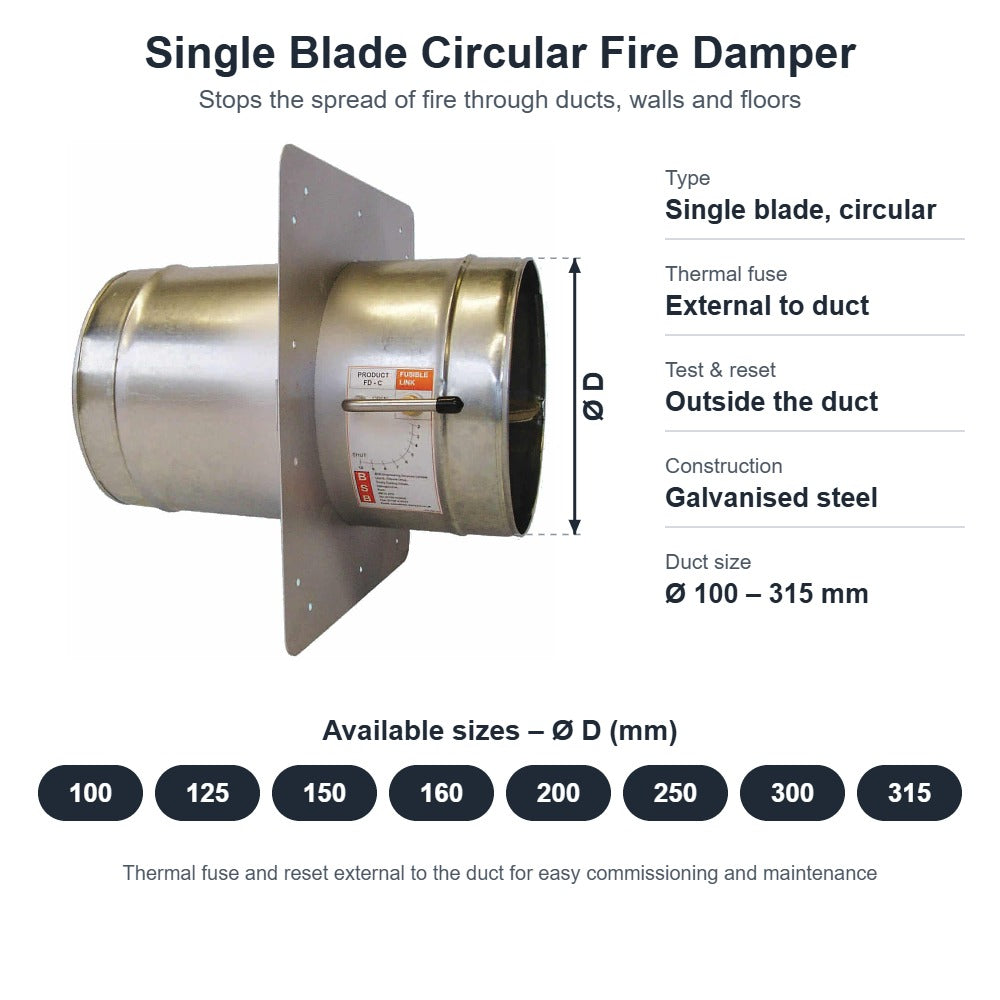 Single Blade Circular Fire Damper – 100mm to 315mm