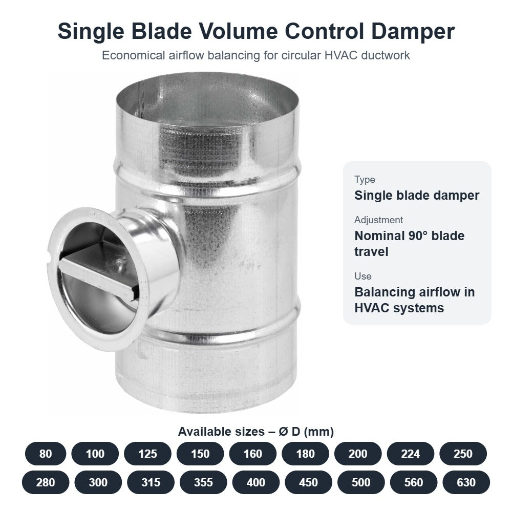 Single Blade Volume Control Damper for Circular Duct – 80mm to 630mm