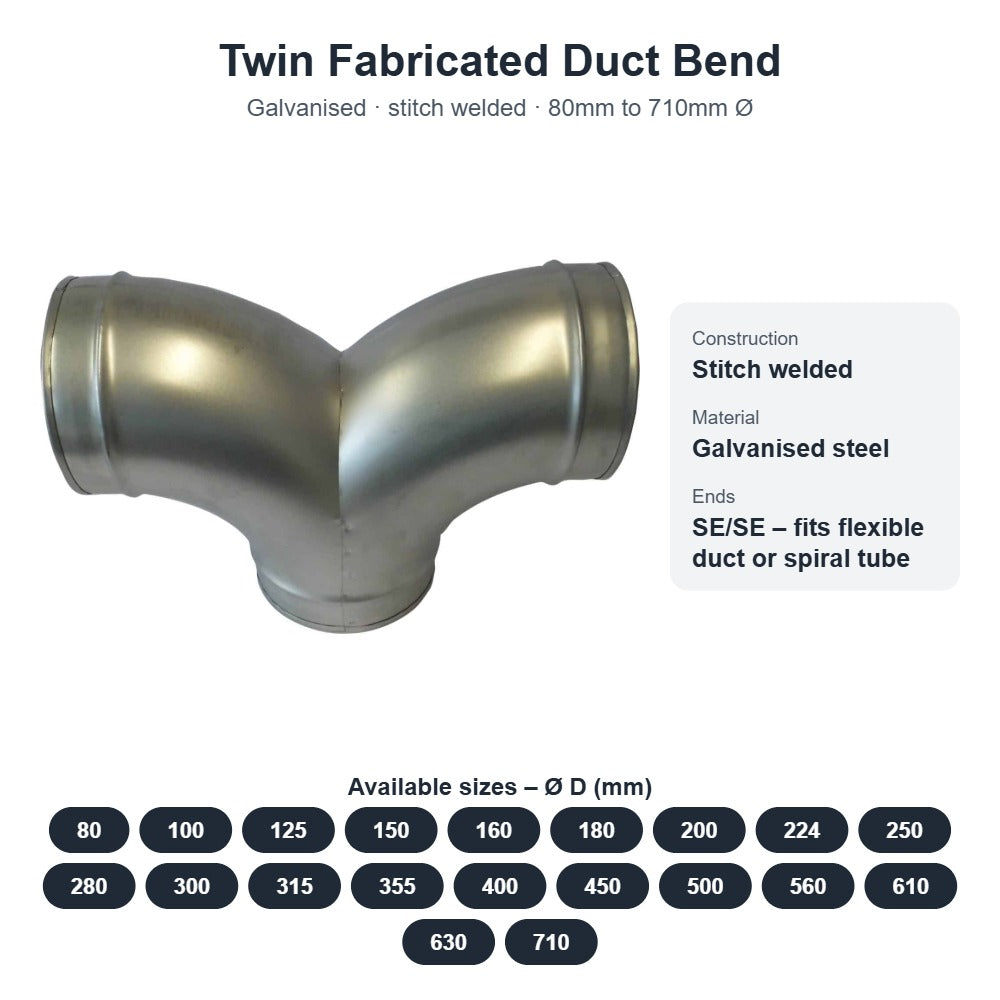 Twin Fabricated Duct Bend – Galvanised, 80mm to 710mm Diameter