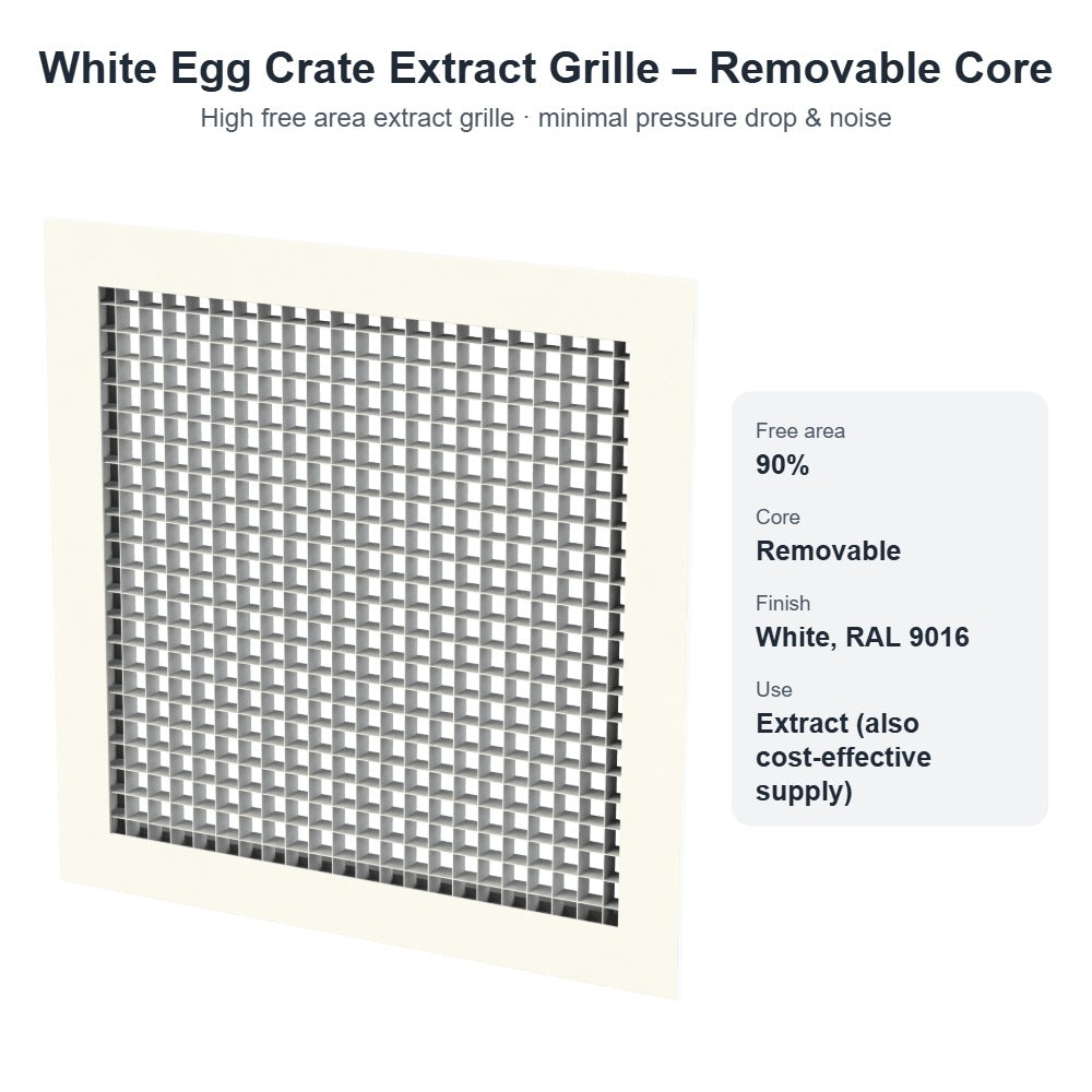 White Egg Crate Extract Grille with Removable Core – 100x100 to 450x450mm