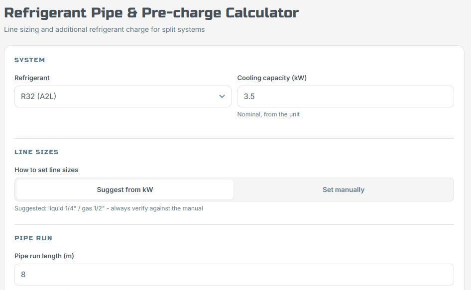 Refrigerant and Pre-Charge Calculator
